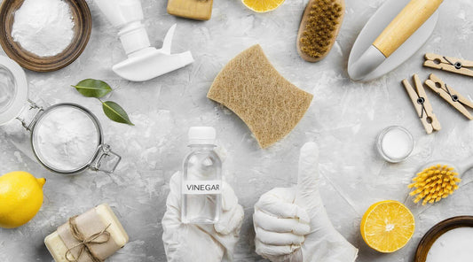 Top view eco-friendly cleaning products to highlight spring cleaning as an Eco-conscious way concept