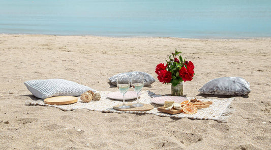 a warm and romantic atmosphere, highlighting the sweet sentiment of beach towels as a Valentine's Day gift