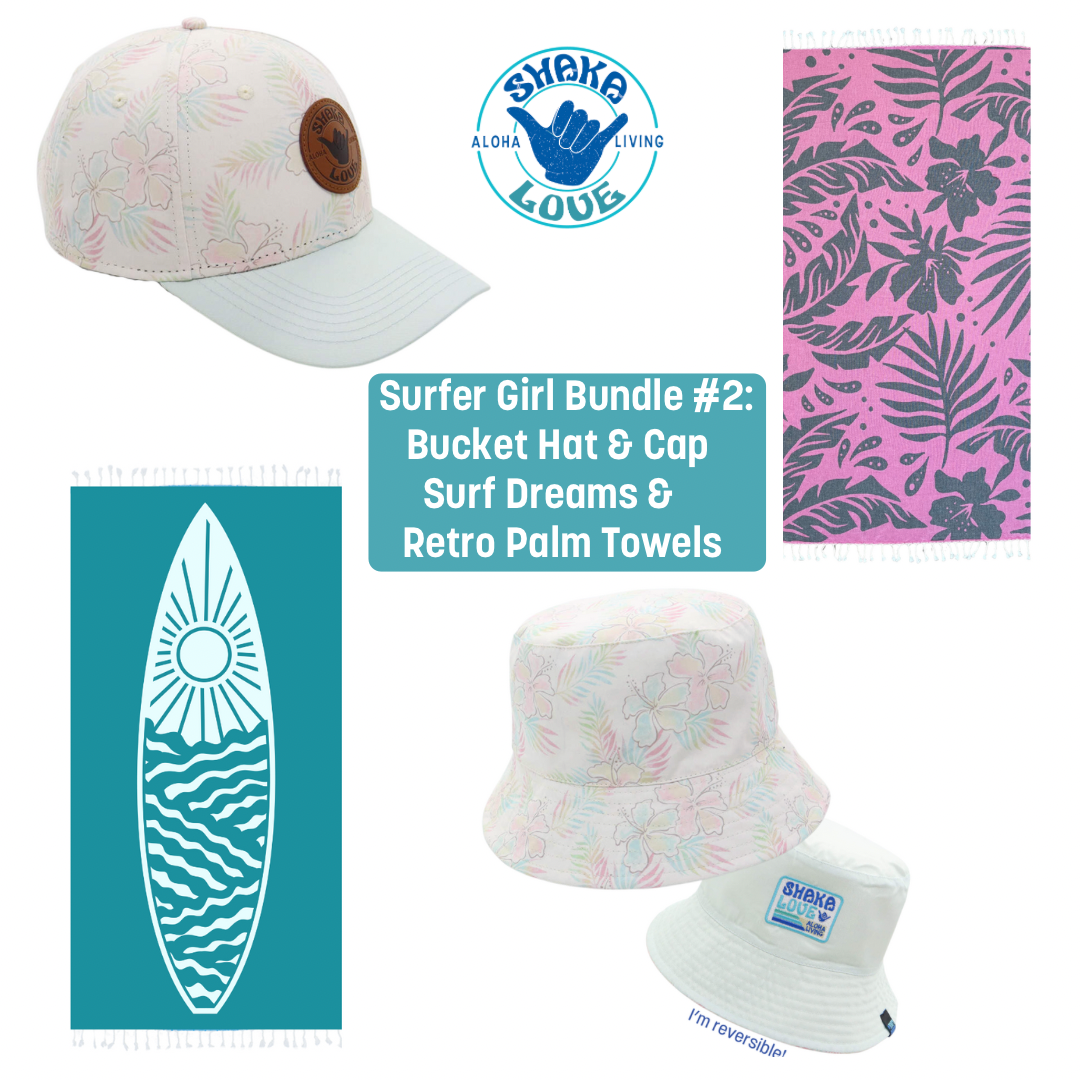 Surfer Girl Bundle #2: Bucket hat & cap with 2 surf towels