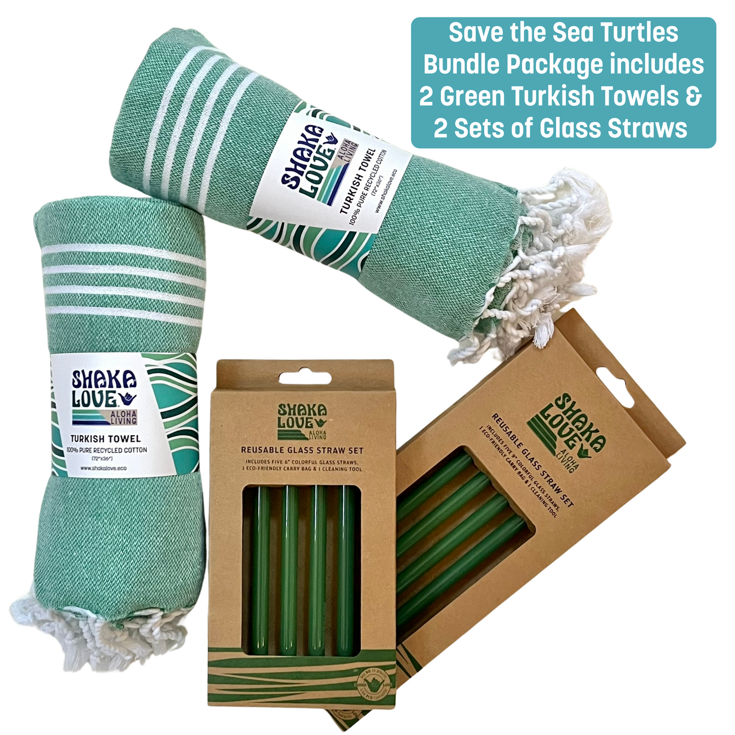 Save the Sea Turtles Bundle: 2 Green Towels & Two Sets of Glass Straws