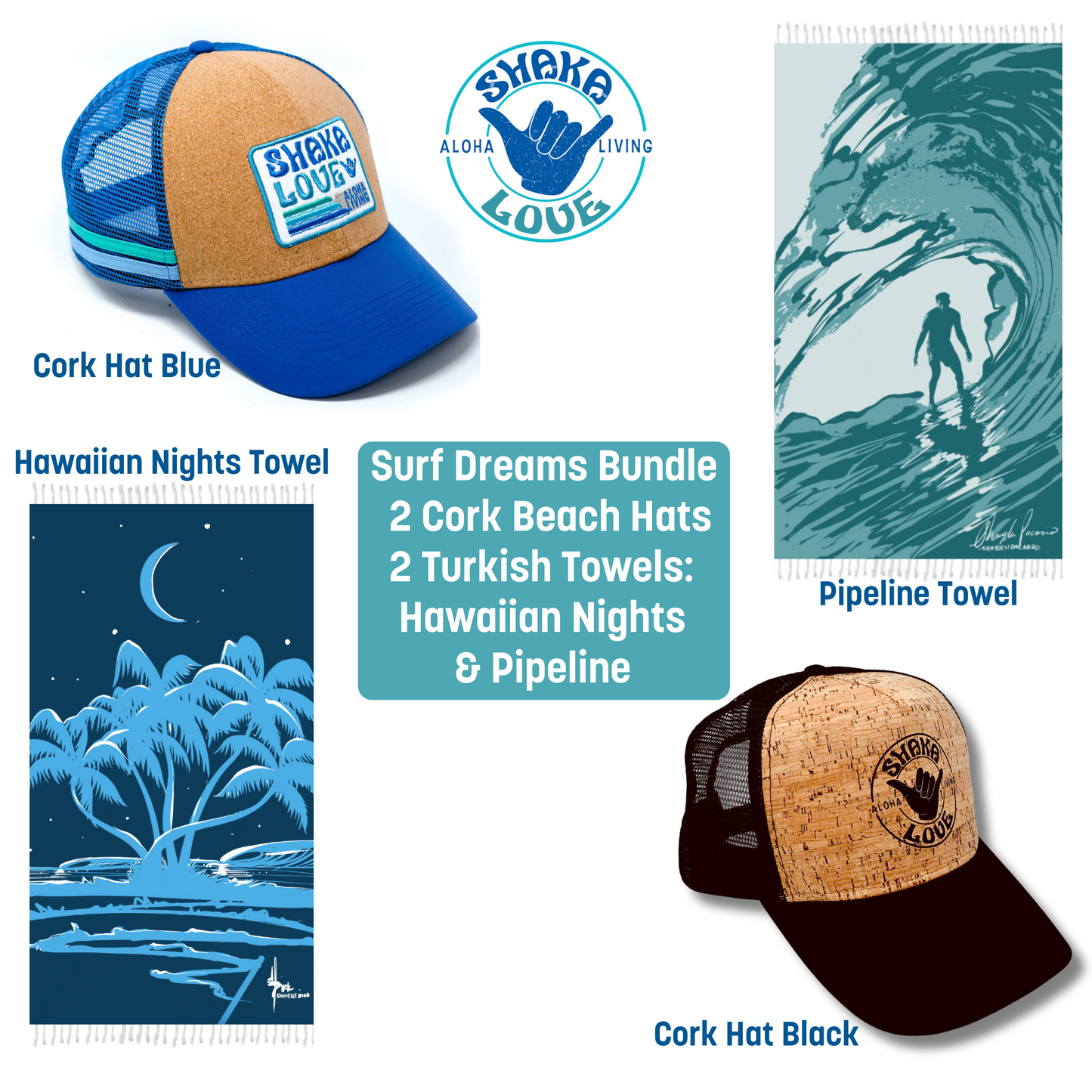 Surf Dreams Bundle: 2 Cork Hats (blue & black), 2 Towels (Hawaiian Nights & Pipeline)