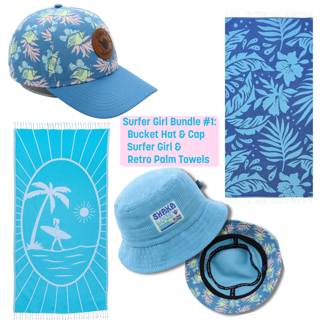 Surfer Girl Bundle #1: Bucket hat & cap with 2 surf towels